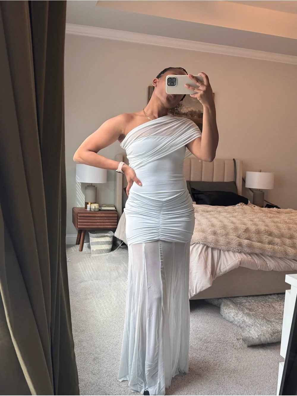 Meshki Off-Shoulder Pale Blue Ruched Mesh Gown - Picture 6 of 6
